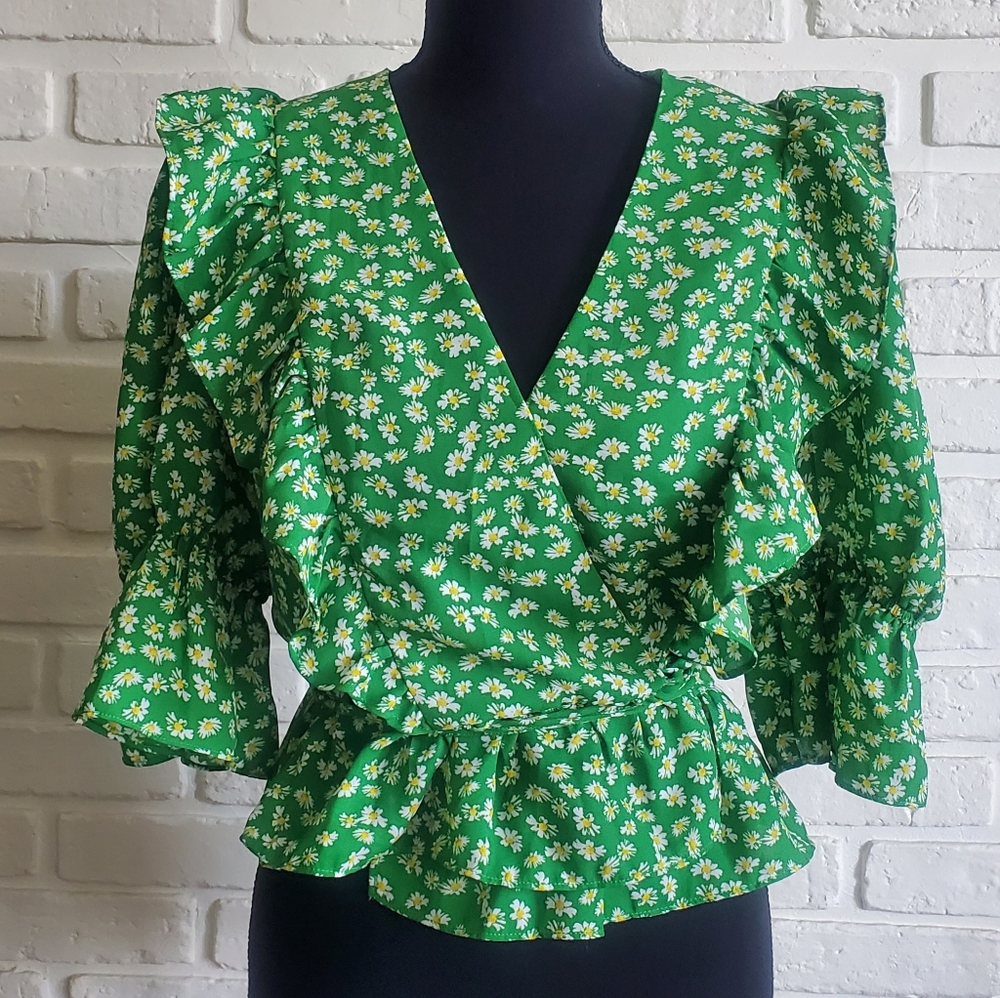 Wayf Nordstrom Ruffle Wrap Blouse Top Green Floral Daisy 3/4 Puff Sleeve Small